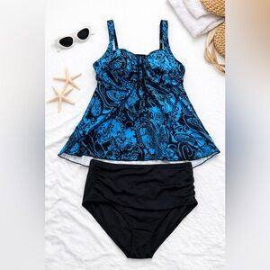 Blue and Black Tankini Swimsuit Set